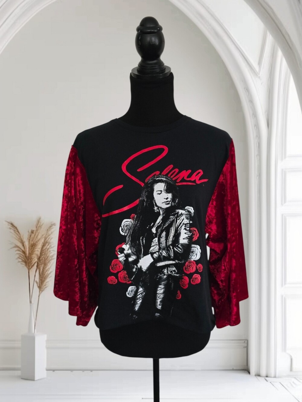 Upcycled Selena Band Tee With Velevet Sleeves, Size S/M - Picture 2 of 5